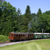 © Peter Hürzeler
Der Dieseltriebwagen BCFm 2/4 56 mit den C 13/14 bei Sulzbrunn. BCFm 2/4 56