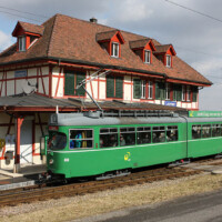 © Peter Hürzeler
Selten stösst ein grüner BVB Tramzug ins französische Leymen vor. SGEG Sonderfahrt